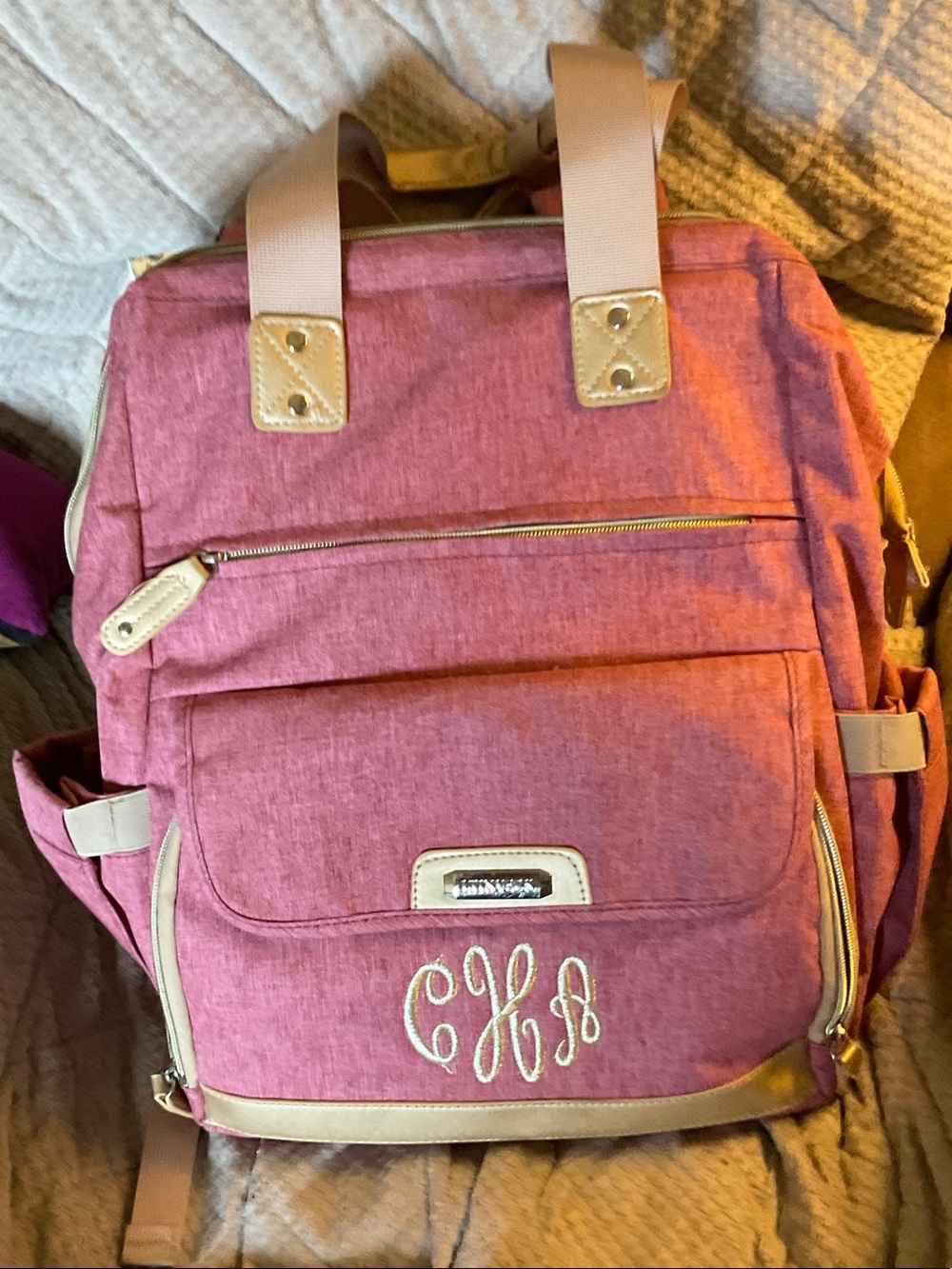 Personalized Pink Canvas Backpack Tote with Beige Trim